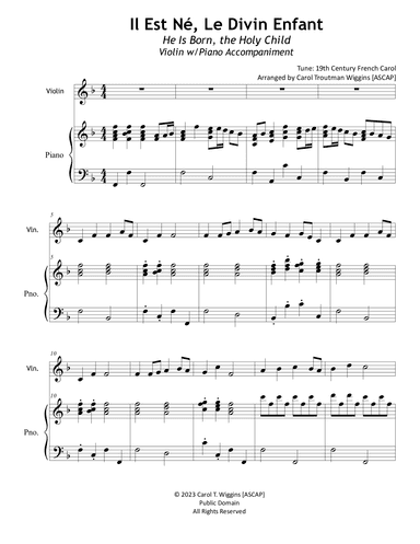 Il Est Né, Le Divin Enfant (Violin w/Piano Accompaniment) (arr. Carol Troutman Wiggins)