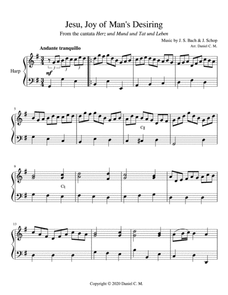 Jesu, Joy of Man's Desiring for harp (easy) (arr. Daniel C. M.)