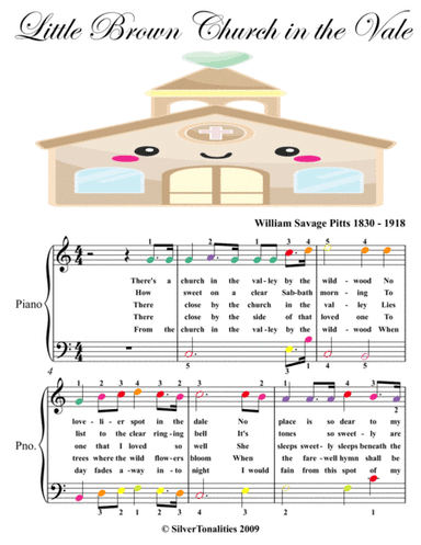 Little Brown Church in the Vale Easy Piano Sheet Music with Colored Notes (arr. SilverTonalities)