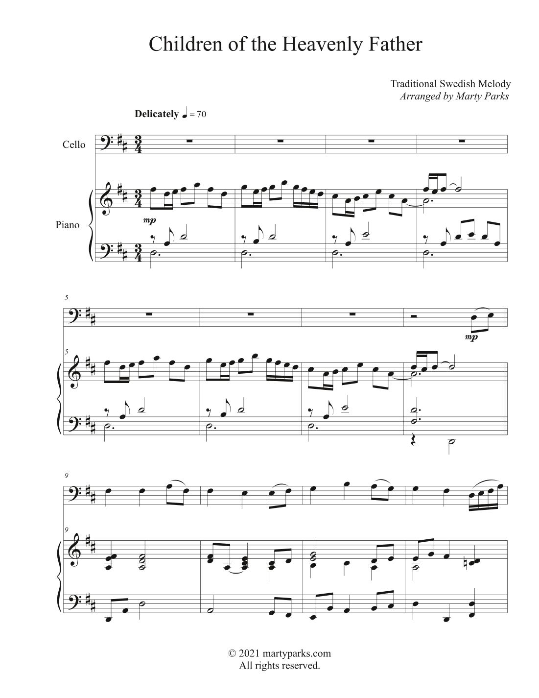 Children of the Heavenly Father (Cello-Piano) (arr. Marty Parks)
