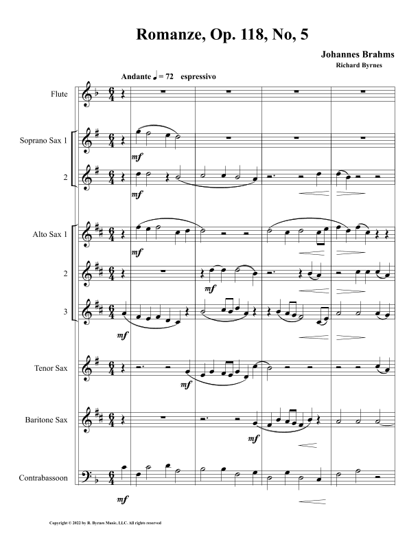 Romanze, Op. 118, No. 5 (Saxophone Septet + Flute & Contrabassoon (arr. Richard Byrnes)
