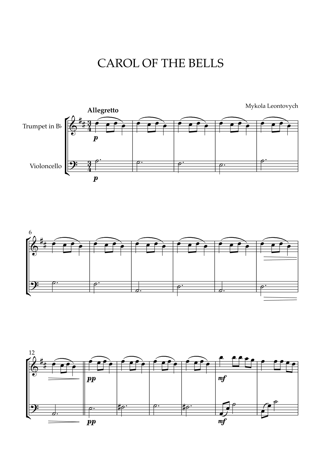 Mykola Leontovych - Carol of The Bells (for Trumpet in Bb and Cello) (arr. Cadenza Editions)