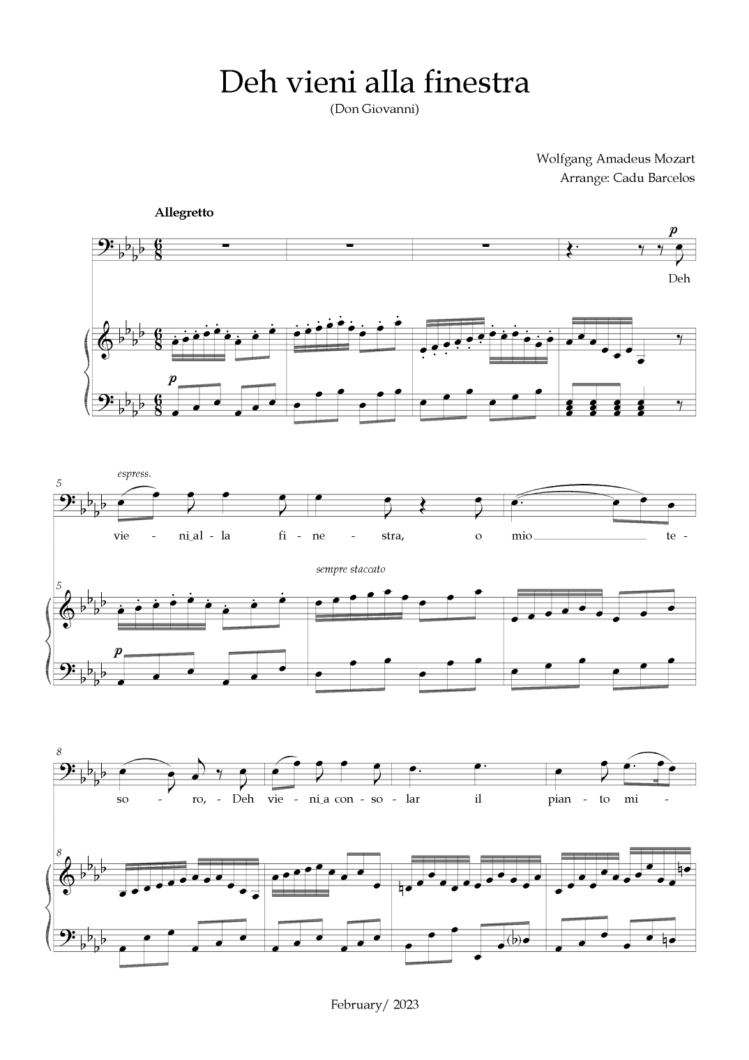 Deh vieni alla finestra (Don Giovanni) Mozart - Ab Major (BARITONE) (arr. Cadu Barcelos)