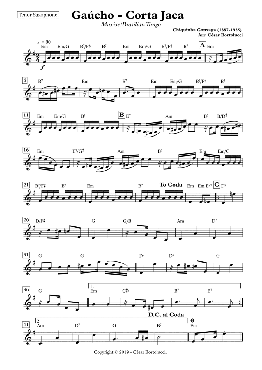 Corta Jaca ou Gaúcho - Tenor Sax with Chords (arr. ACT Bortolucci)