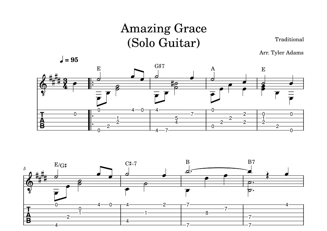 Amazing Grace (Intermediate Solo Guitar) (arr. Tyler Adams)