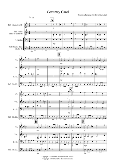 Coventry Carol for Clarinet or Violin, Cello and Double Bass Trio (arr. David Burndrett)