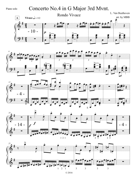 Concertos for Five Beethoven Piano Concerto in G, arr. for String Quartet, 3rd mvnt. Piano Solo part (arr. Michael Bomier)