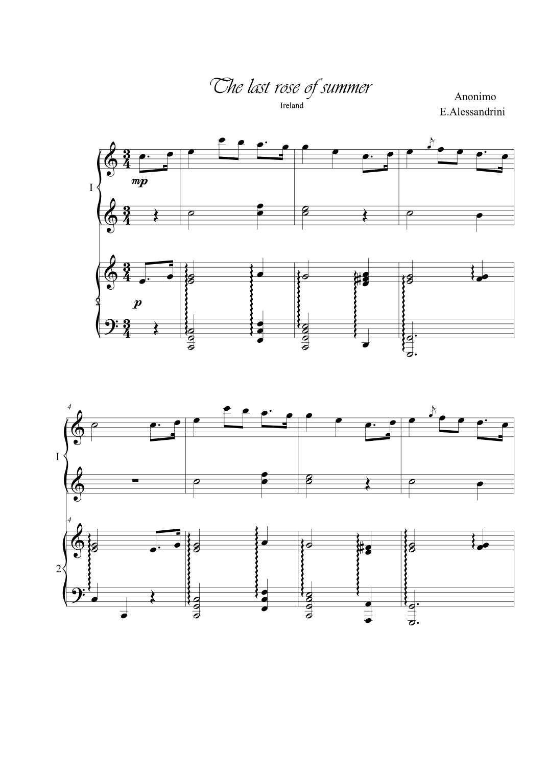 The last rose of summer. Piano 4 hands (arr. Ester Alessandrini)