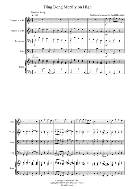 Ding Dong Merrily on High (Jazzy Style!) for Brass Quartet (arr. David Burndrett)