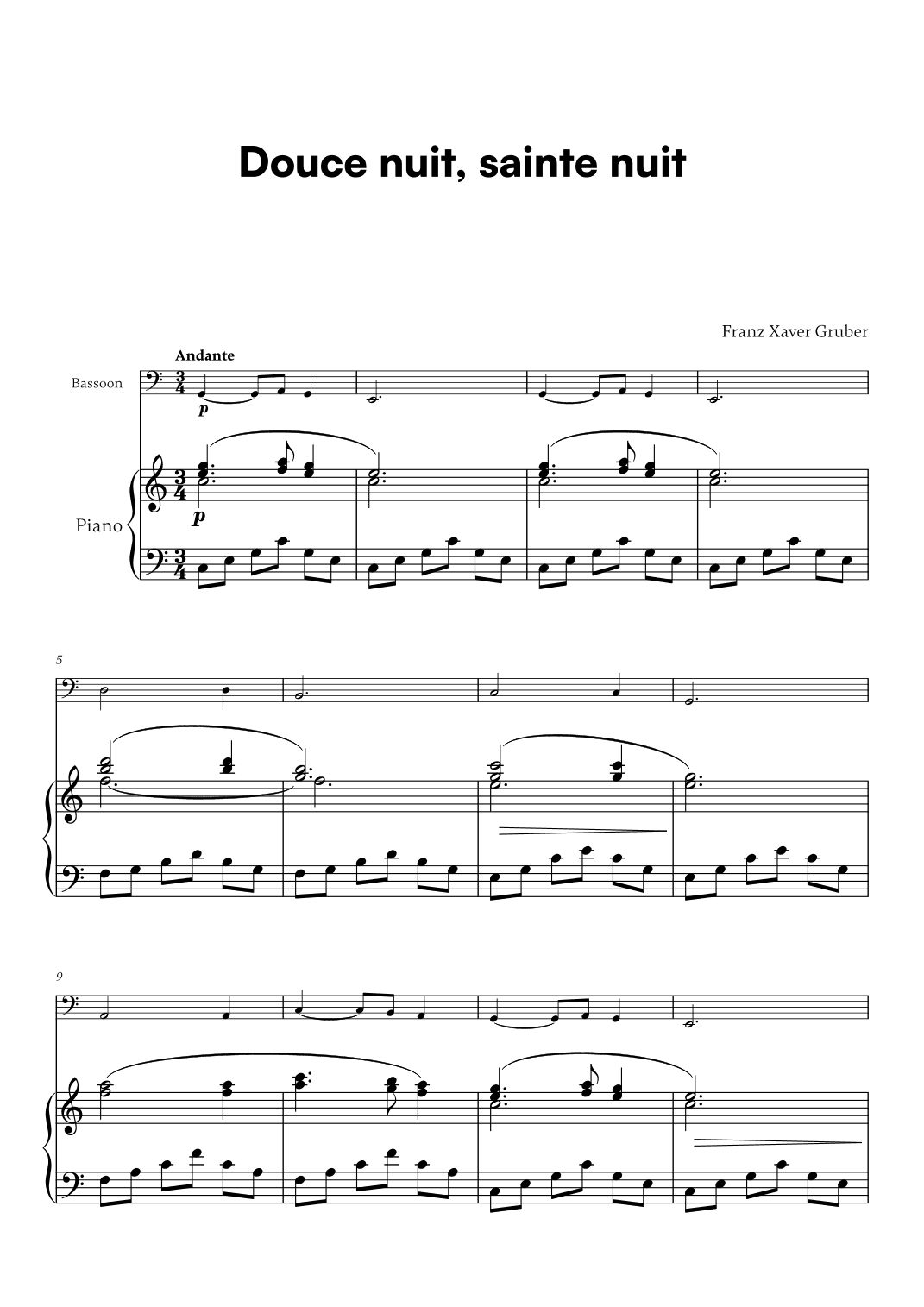 Franz Xaver Gruber - Douce nuit, sainte nuit (for Bassoon and Piano) (arr. Cadenza Editions)