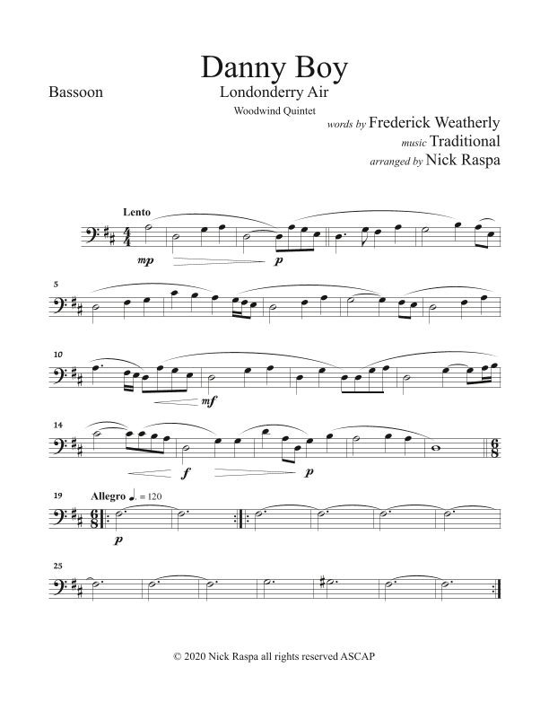 Danny Boy (Londonderry Air) Woodwind Quintet (Fl, Ob, Cl, Hrn, Bsn) - Bassoon part (arr. Nick Raspa)