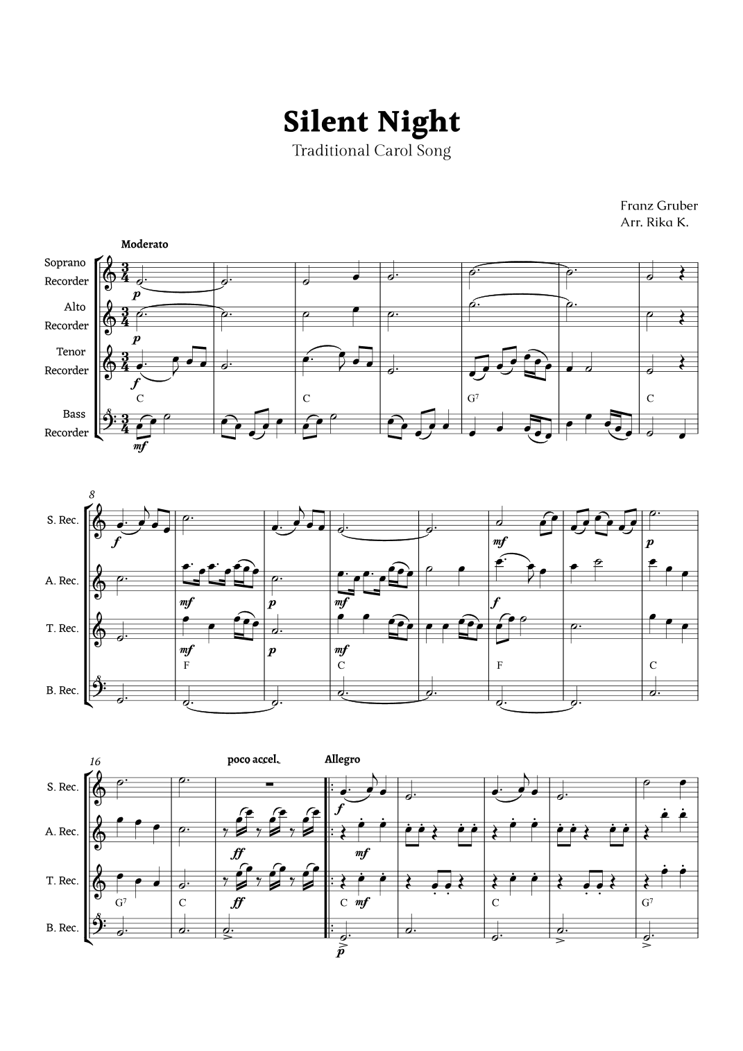 Silent Night for Recorder Quartet (arr. Rika K.)