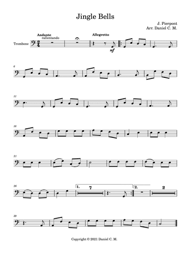 Jingle Bells for trombone and piano (easy) (arr. Daniel C. M.)