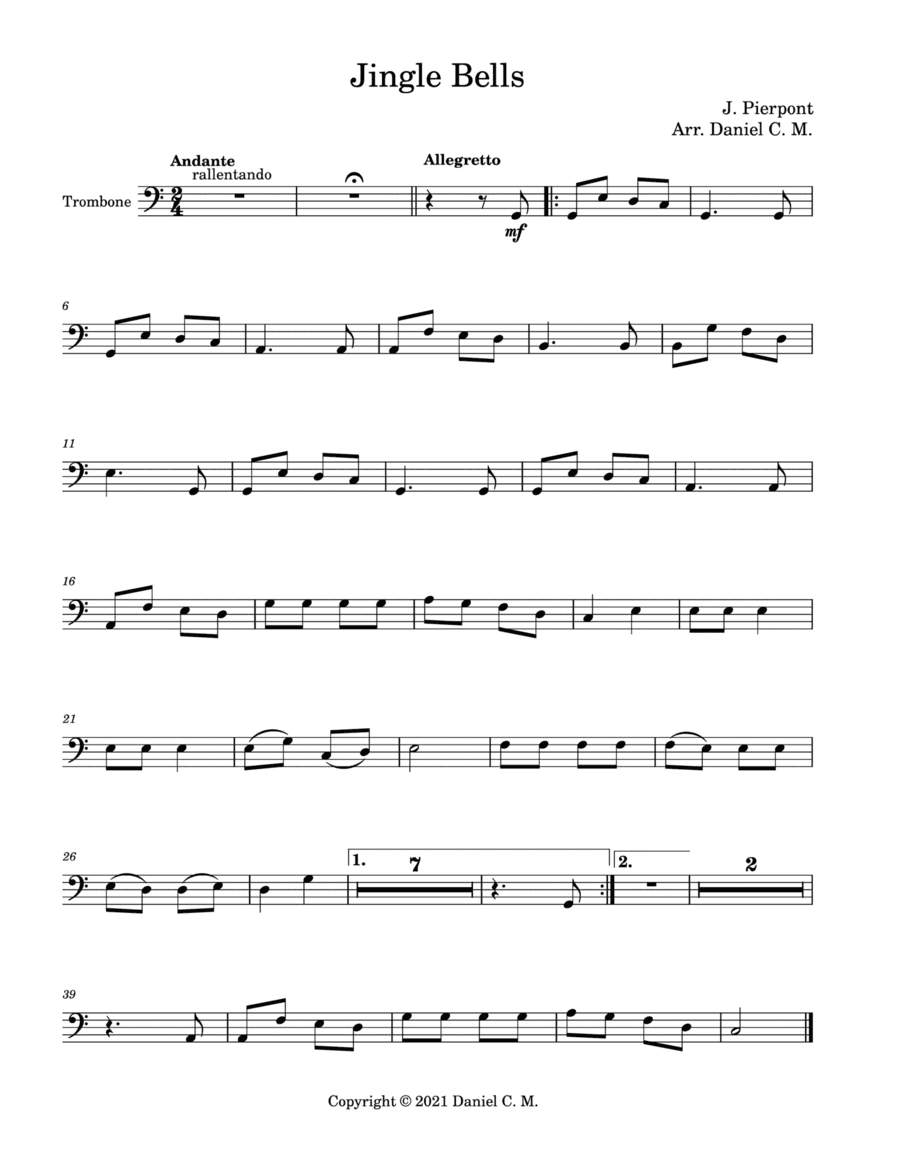 Jingle Bells for trombone and piano (easy) (arr. Daniel C. M.)