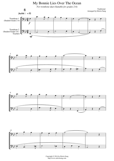 My Bonnie Lies Over The Ocean (for trombone duet, suitable for grades 2-6) (arr. Edwin Sung)