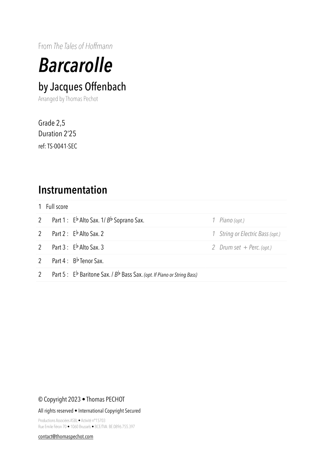 Barcarolle (from The Tales of Hoffmann) (arr. Thomas PECHOT)