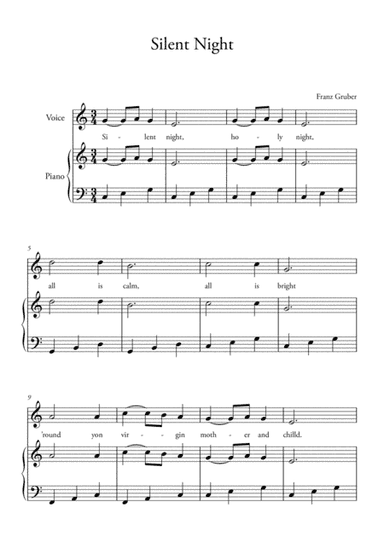 Silent Night for piano and voice (alternative) – easy, intermediate (arr. Ahiva Editions)