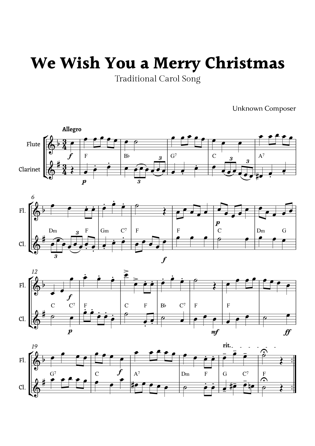 We Wish you a Merry Christmas for Flute and Clarinet Duet with Chords (arr. Rika K.)