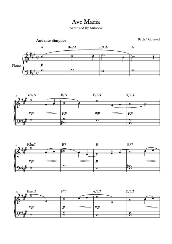 Ave Maria Bach Gounod in A Easy Beginner Piano Chord (arr. Milanov)