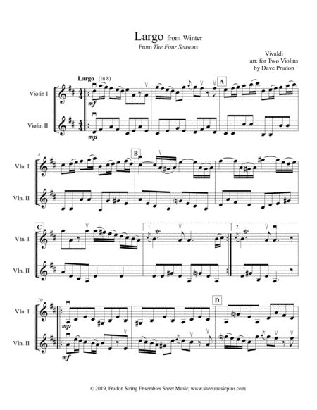 Vivaldi Winter (Largo) for Two Violins (arr. Dave Prudon)