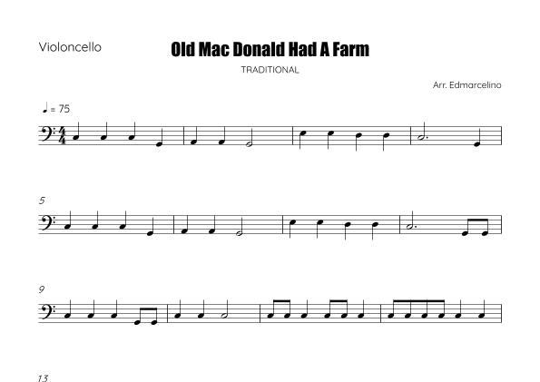 Old Mac Donald Had A Farm - Sheet Music to Cello Beginners (arr. Edmarcelino)