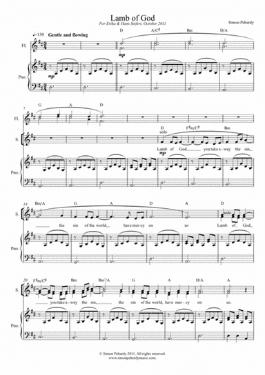 Lamb of God / Agnus Dei, SATB, piano and 2 flutes, part of rhythmical mass setting by Simon Peberdy