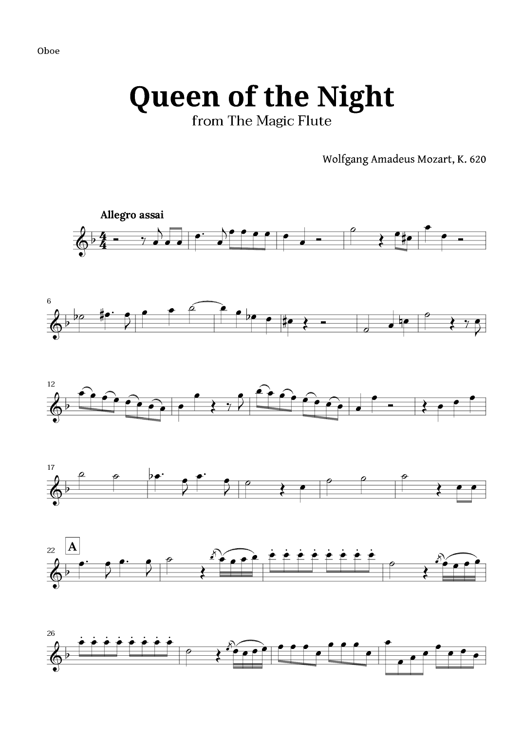Queen of the Night by Mozart for Oboe Solo (arr. Langanho)