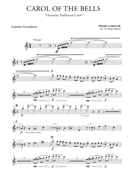 Carol Of The Bells for Saxophone Quartet (arr. Diego Marani)