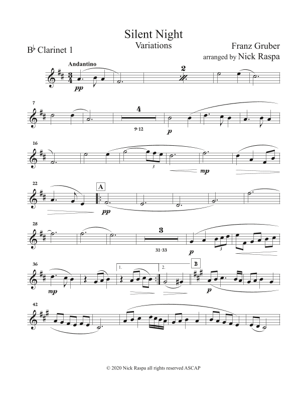 Silent Night - Variations (full orchestra) Clarinet in B Flat 1 part (arr. Nick Raspa)