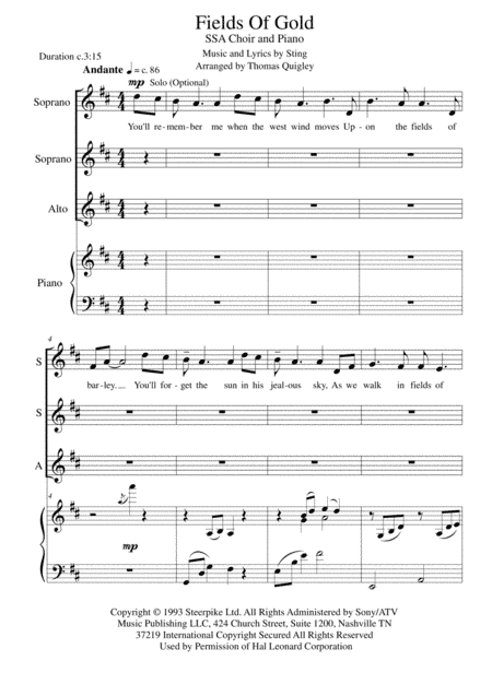 Fields Of Gold (arr. Thomas Quigley)