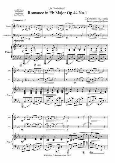 Rubinstein - Romance Op44 No1 - Piano Trio Violin Cello Piano (arr. Tim TK Murray)