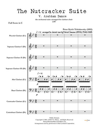Nutcracker Suite, Mvt. V "Arabian Dance" for clarinet choir (full score & set of parts) (arr. Patrick Sheehan)