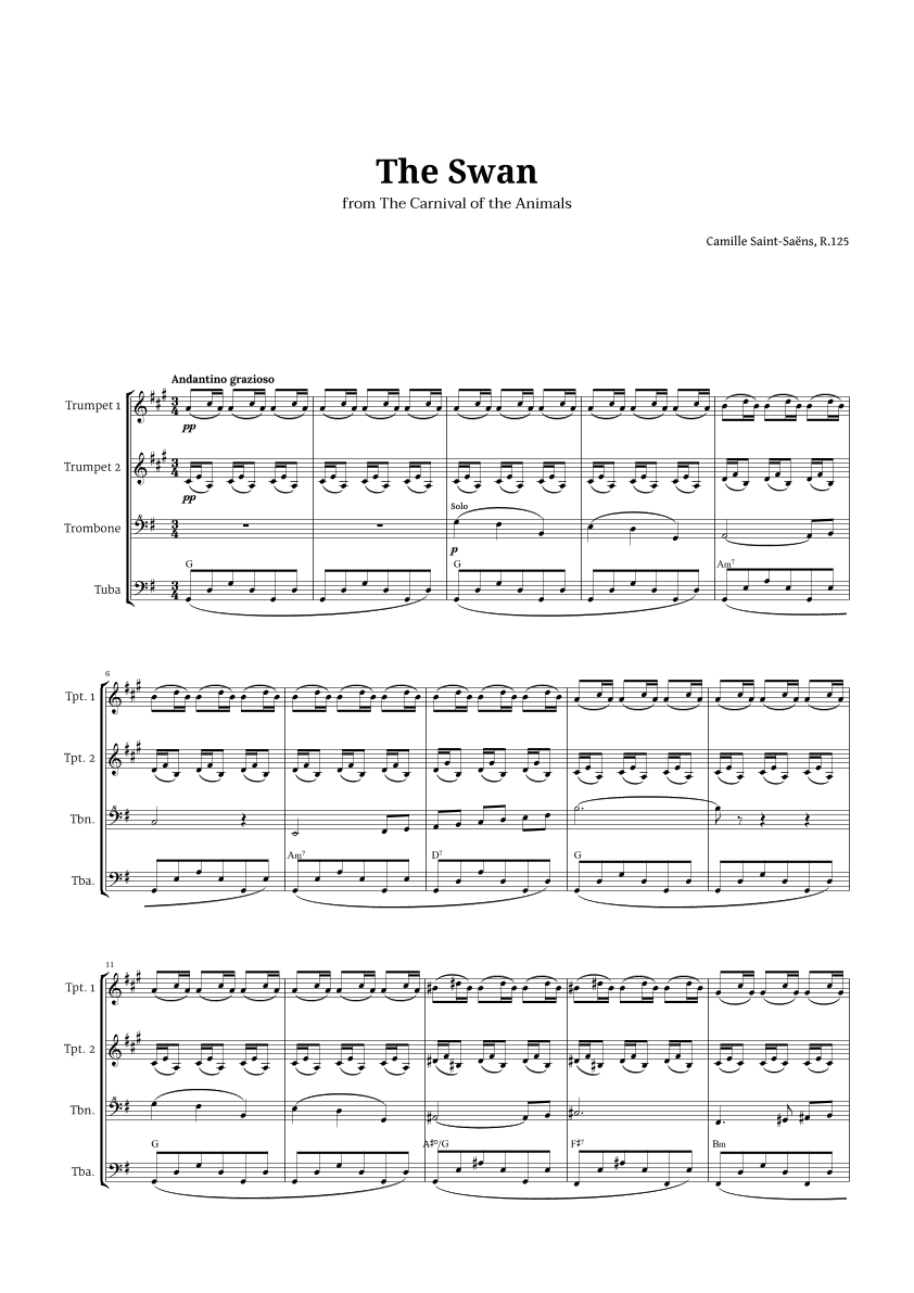 The Swan by Saint-Saëns for Brass Quartet with Chords (arr. Langanho)