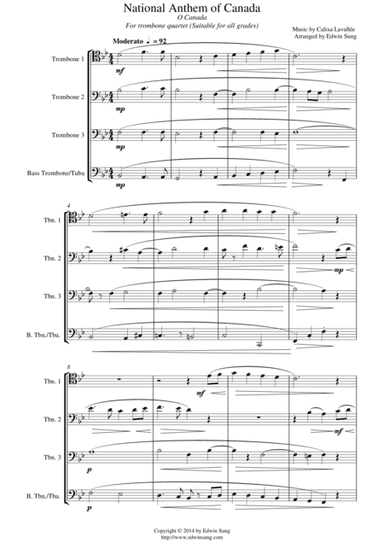 National Anthem of Canada (for trombone quartet, suitable for all grades) (arr. Edwin Sung)