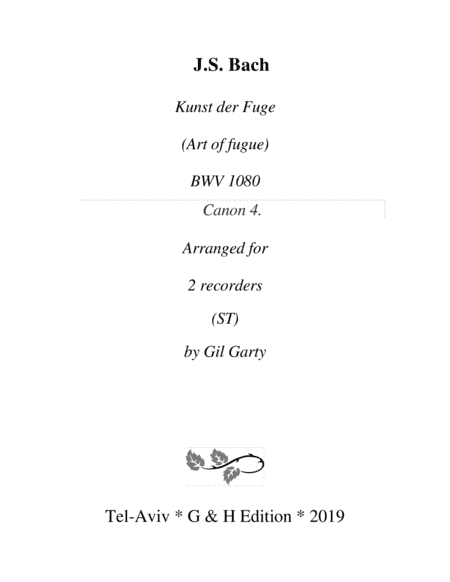 Canon 4 from Art of Fugue, BWV 1080 (arrangement for recorders) (arr. Gil Garty)