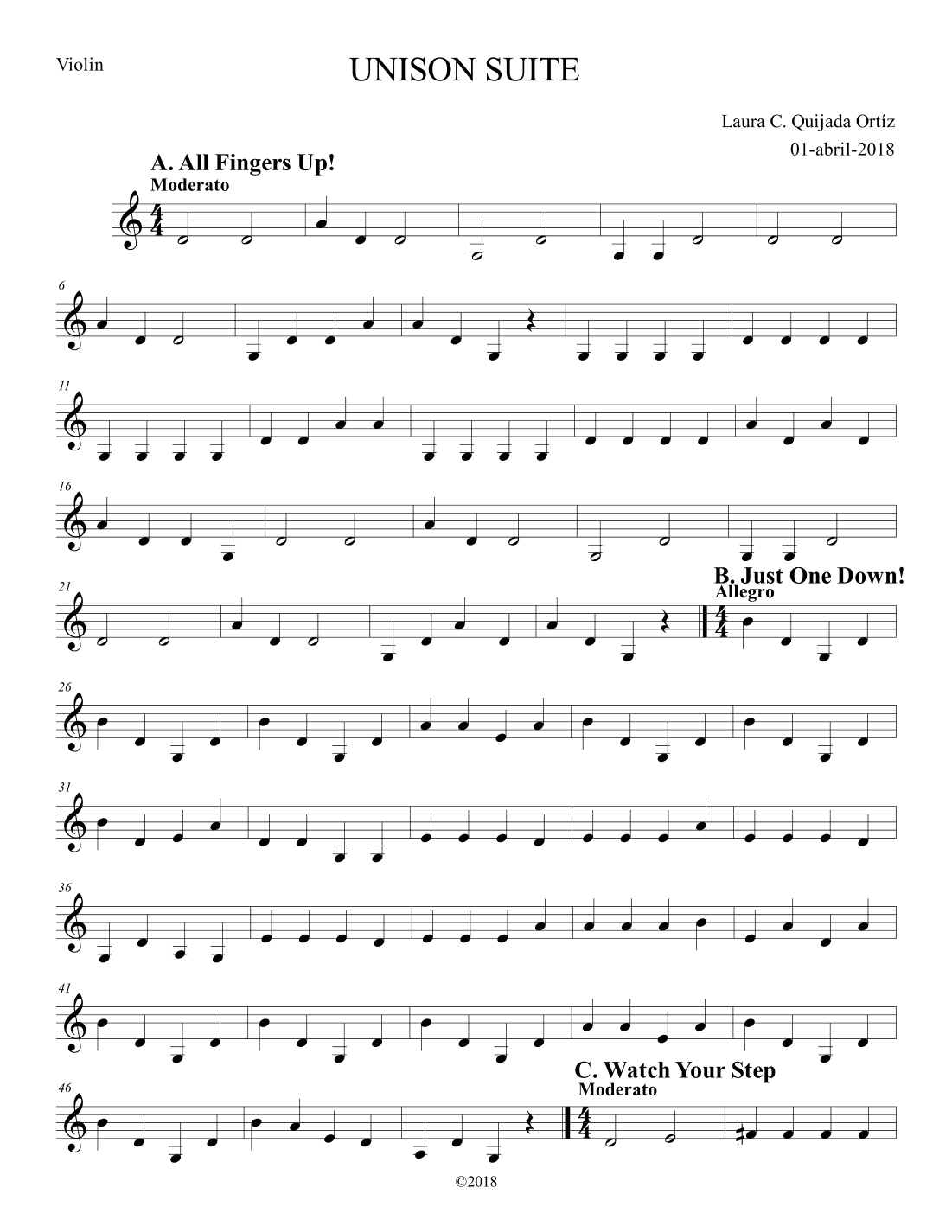 Unison Suite for beginning string orchestra. VIOLIN PART ONLY.