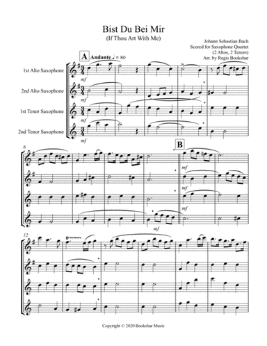Bist Du Bei Mir (Bb) (Saxophone Quartet - 2 Alto, 2 Tenor) (arr. Regis Bookshar)