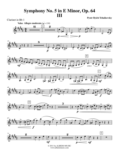 ?Tchaikovsky? Symphony No. 5, Movement III - Clarinet in Bb 1 (Transposed Part), Op. 64 (arr. Doug Clyde)