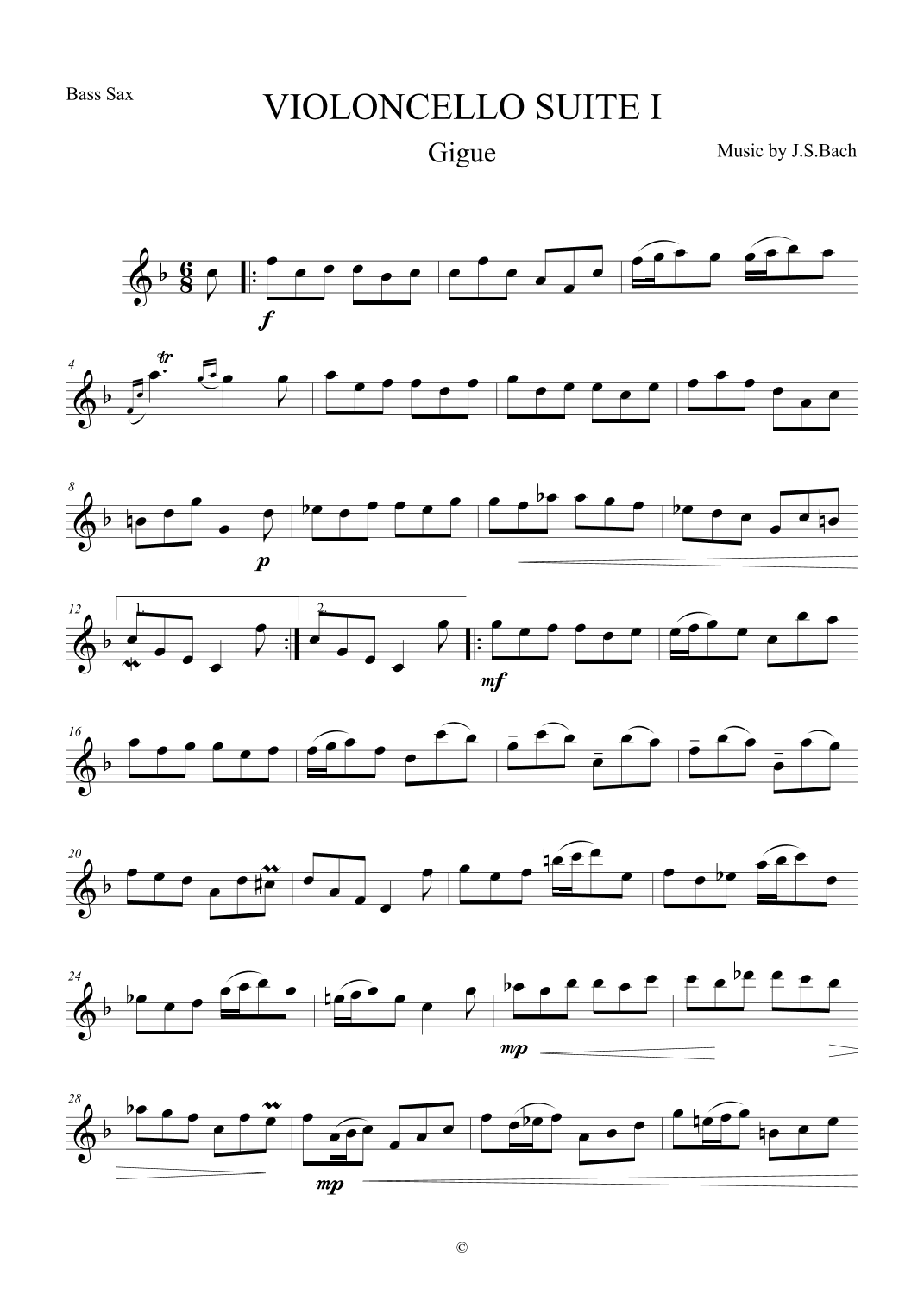Gigue from Violoncello Suite I by J.S.Bach for Bass Saxophone (arr. The Sheet Music Library)