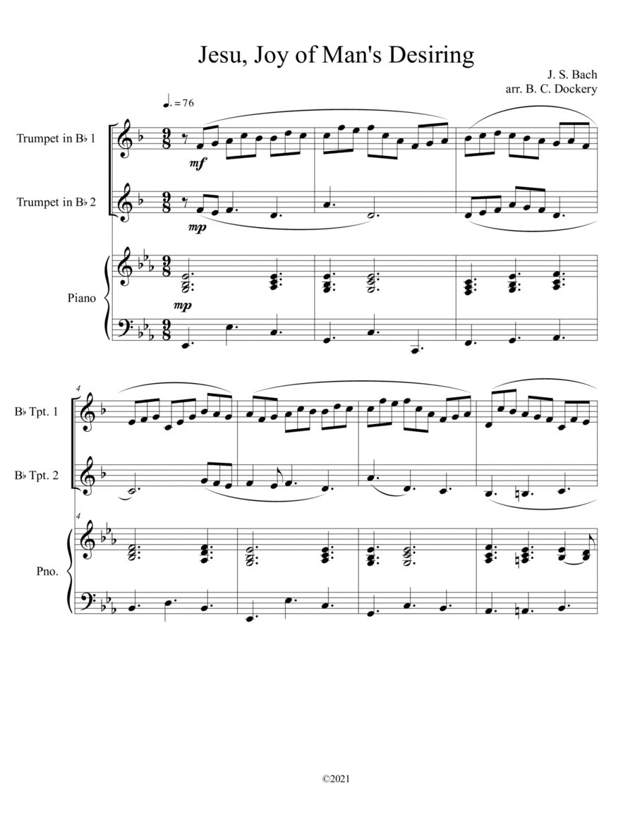 Jesu, Joy of Man's Desiring (Trumpet Duet) with optional piano accompaniment (arr. B. C. Dockery)
