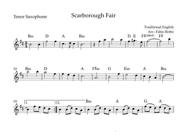 Scarborough Fair for Tenor Saxophone Solo with Chords (arr. Fabio Britto)