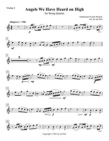 Angels We Have Heard on High for String Quartet (arr. Ian Wei)