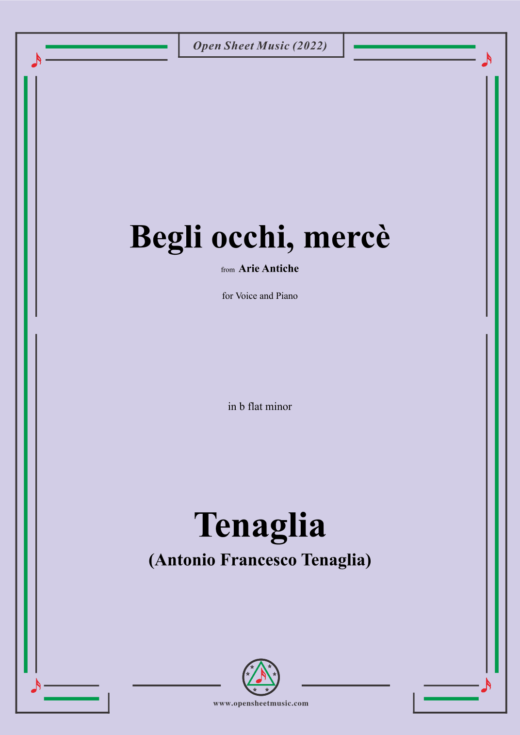 Tenaglia-Begli occhi,mercè,from Arie Antiche(Anthology of Italian Song),in b flat minor,for Voice an (arr. OSM Press)