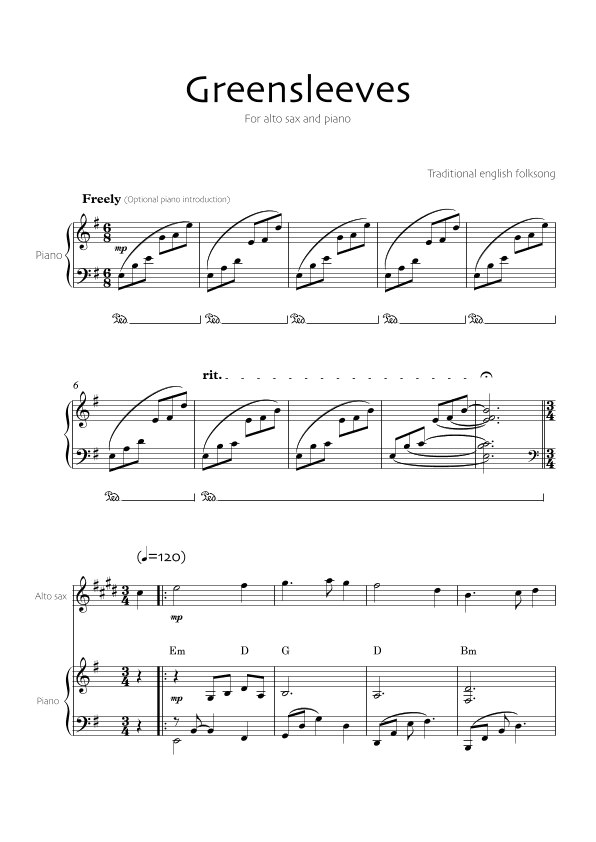 Greensleeves (Alto sax and piano) (arr. Robin Hood Editions)