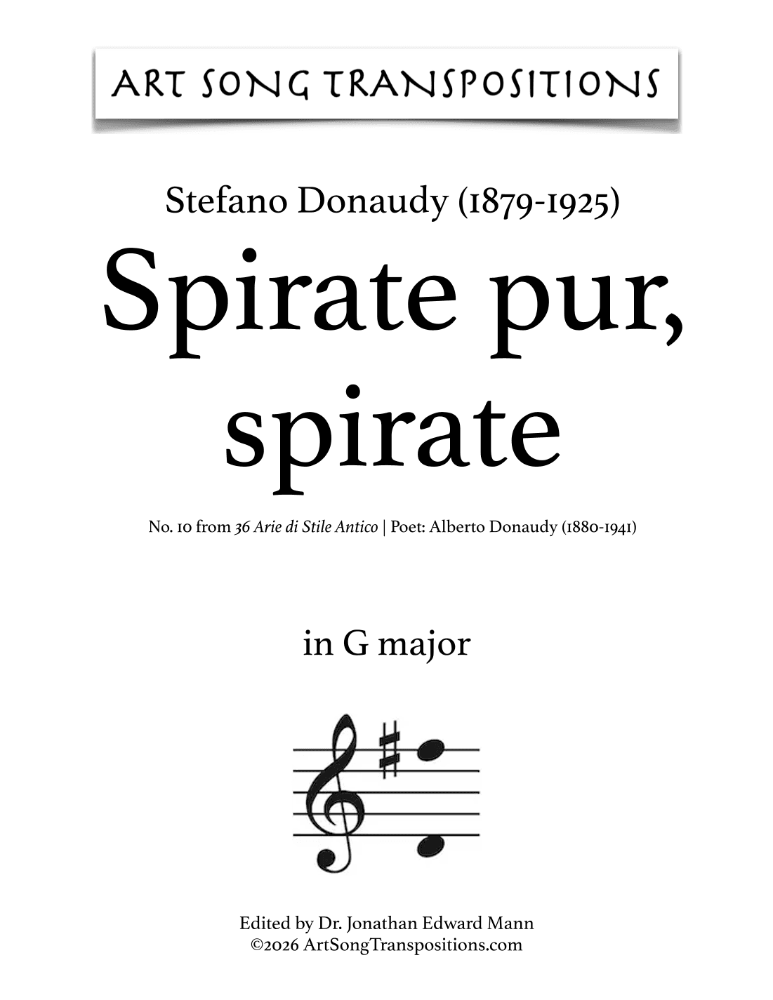 DONAUDY: Spirate pur, spirate (transposed to G major) (arr. ArtSongTranspositions.com)