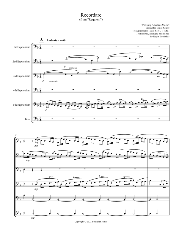 Recordare (from "Requiem") (F) (Brass Sextet - 5 Euph (Bass Clef), 1 Tuba) (arr. Regis Bookshar)
