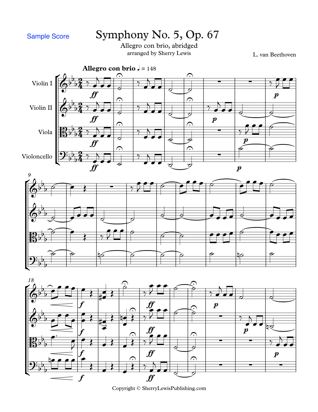 SYMPHONY NO. 5 OP. 67, BEETHOVEN - ALLEGRO CON BRIO, String Quartet, Abridged, Intermediate Level fo (arr. Sherry Lewis)