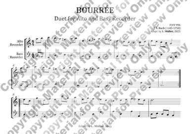 Bourrée - BWV 1067 For Recorder Duet (Landscape Format) (arr. Alex E.)