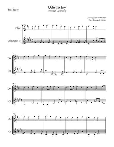 Ode To Joy Theme (from Beethoven's 9th Symphony) for Oboe & Clarinet in Bb Duo (arr. Fernando Britto)