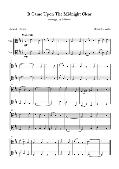 It Came Upon The Midnight Clear Viola Duet in D Melody and accompaniment Easy Intermediate (arr. Milanov)